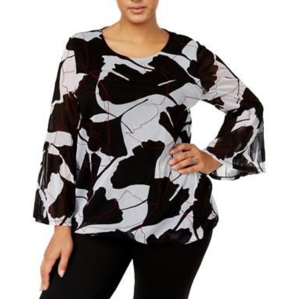 Alfani Womens Printed Bell Sleeves Blouson Top